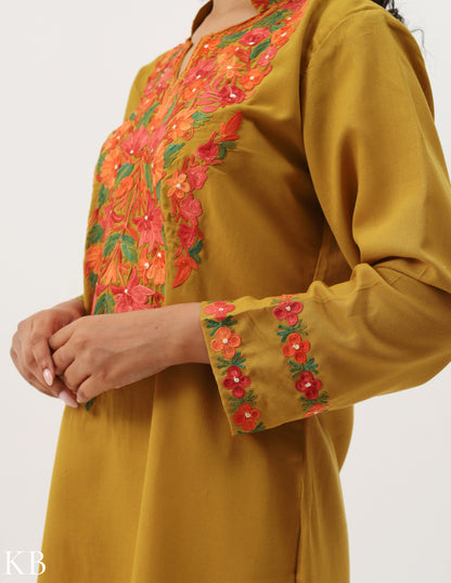 Mustard Yellow Cotton Embroidered Co-ord Set - Kashmir Box