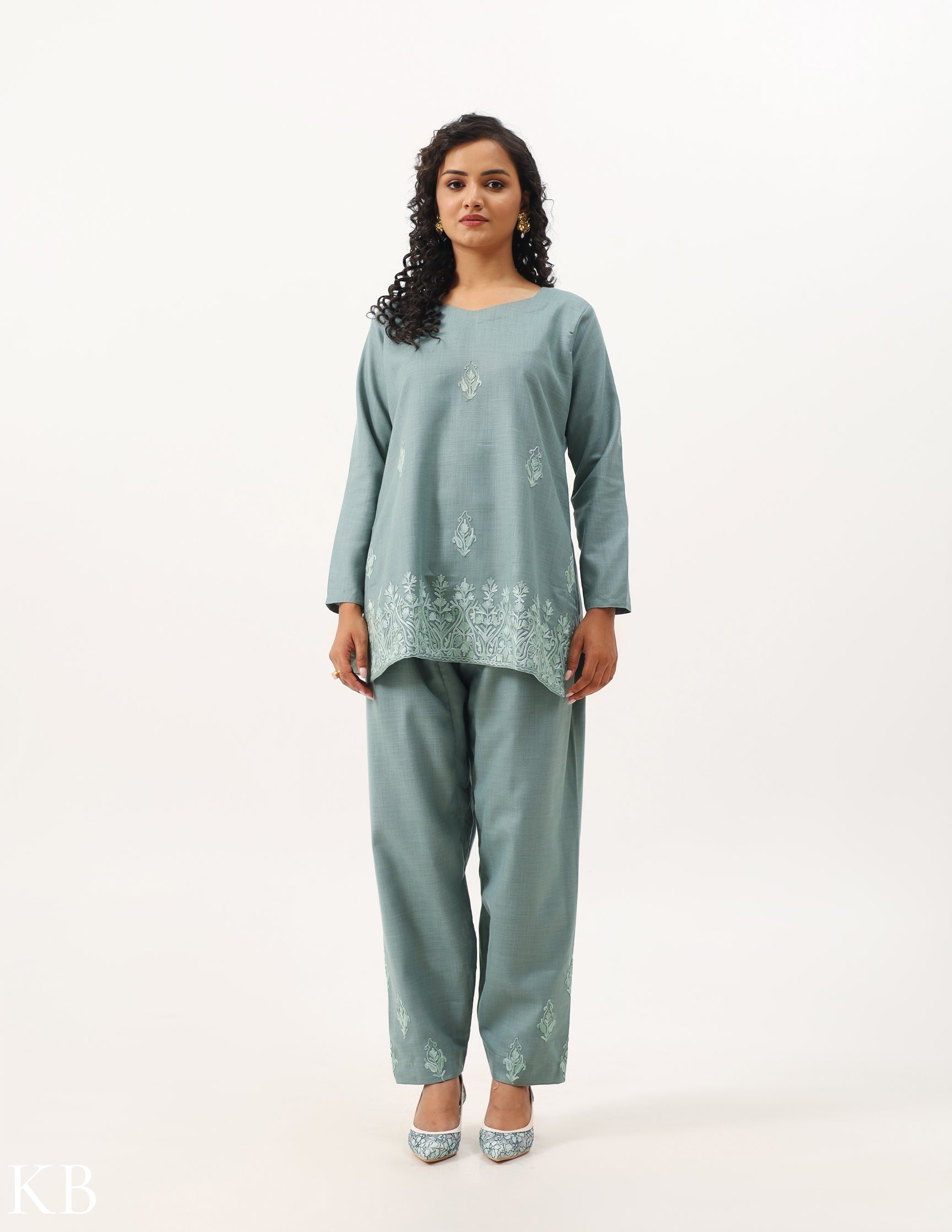 Coin Grey Cotton Aari Embroidered Co-ord Set - Kashmir Box