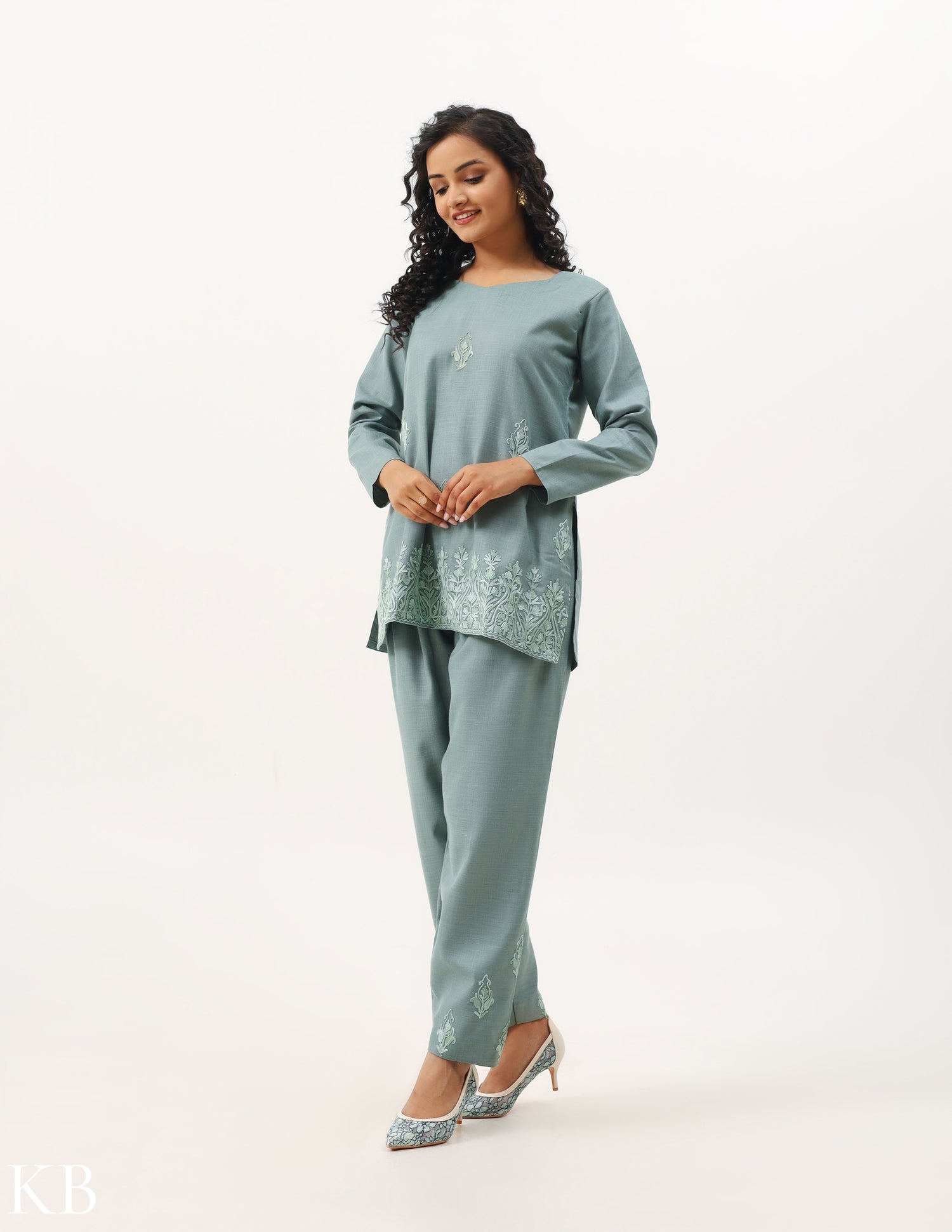 Coin Grey Cotton Aari Embroidered Co-ord Set - Kashmir Box