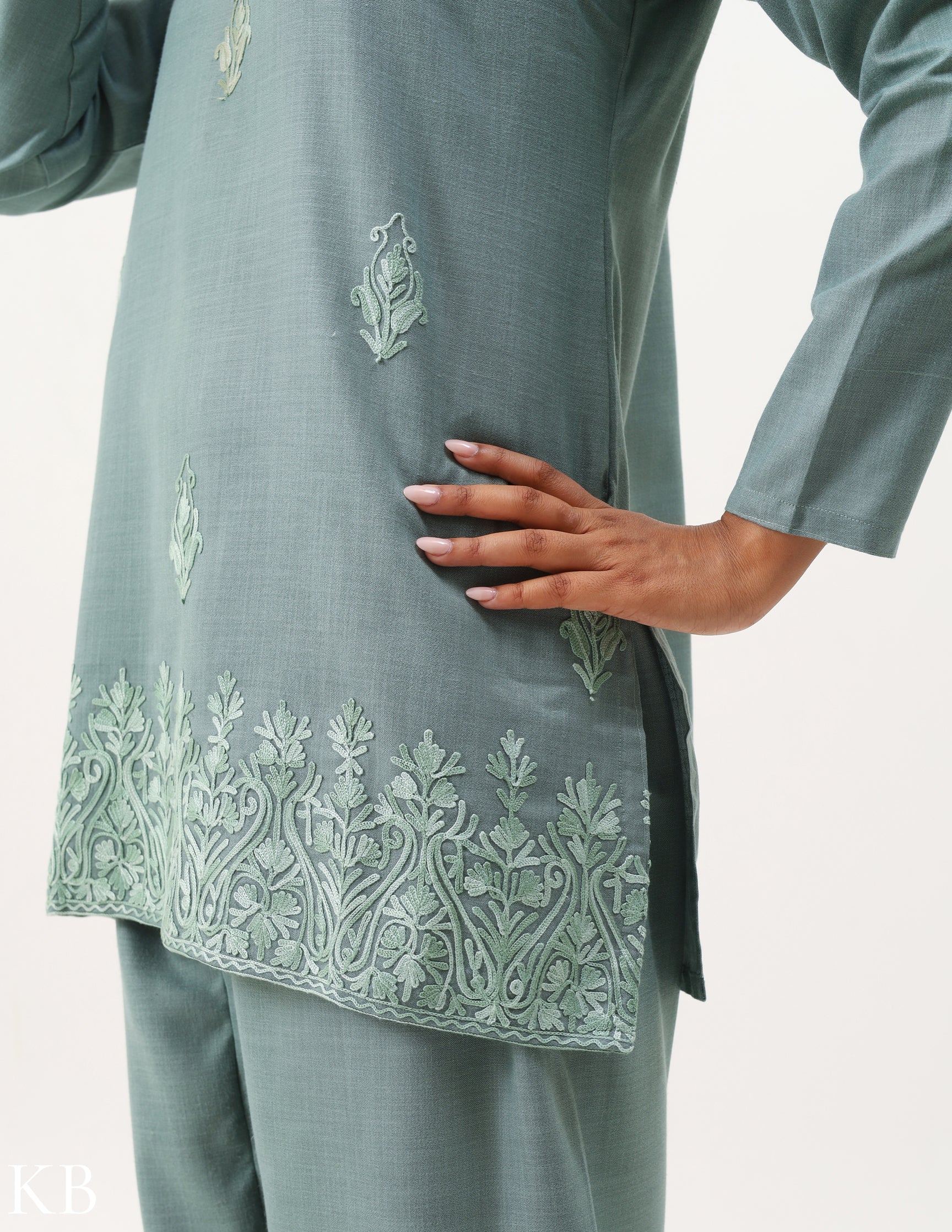 Coin Grey Cotton Aari Embroidered Co-ord Set - Kashmir Box