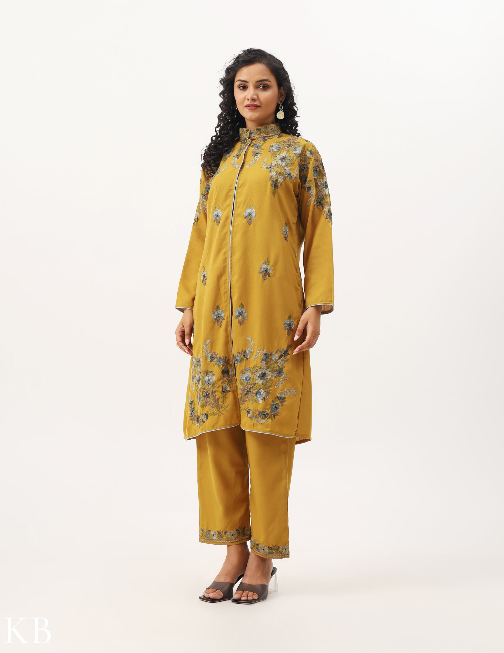 Amber Yellow Embroidered Jacket Co-ord Set - Kashmir Box