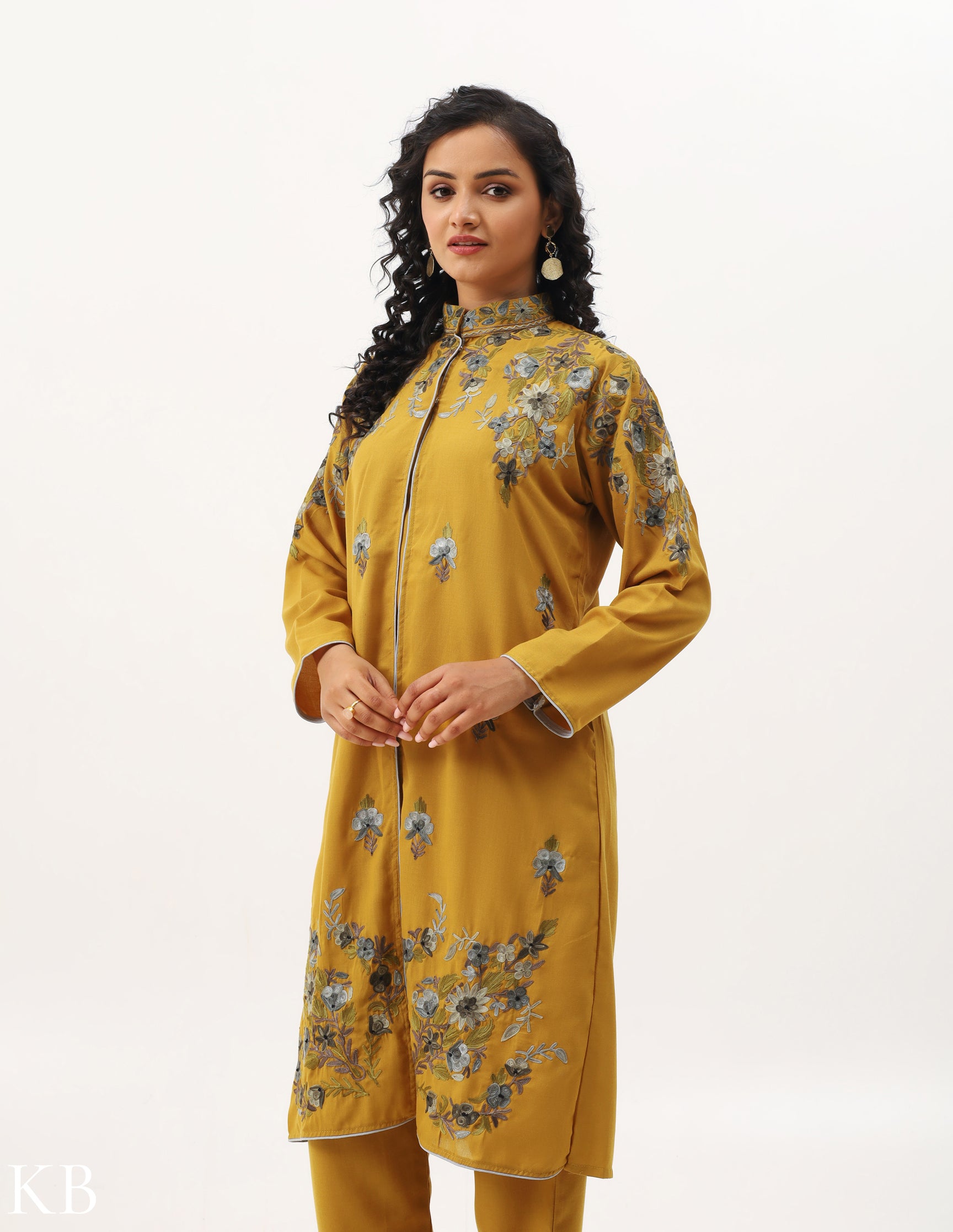 Amber Yellow Embroidered Jacket Co-ord Set - Kashmir Box