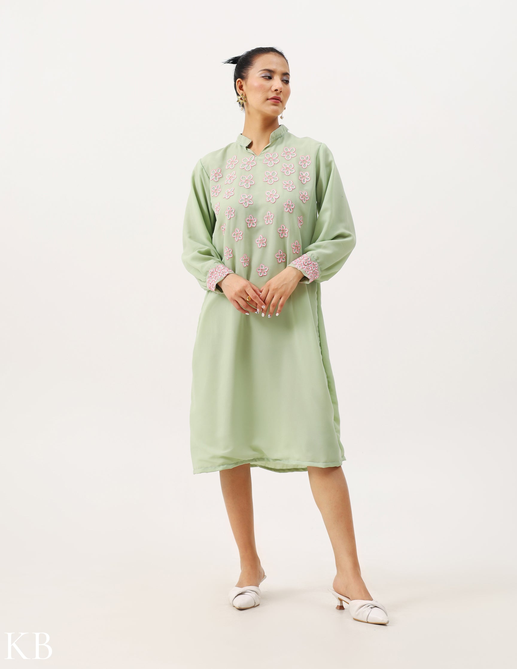 Berry Artisanal Embroidered Sage Green Balloon Sleeves Georgette Tunic KashmirBox