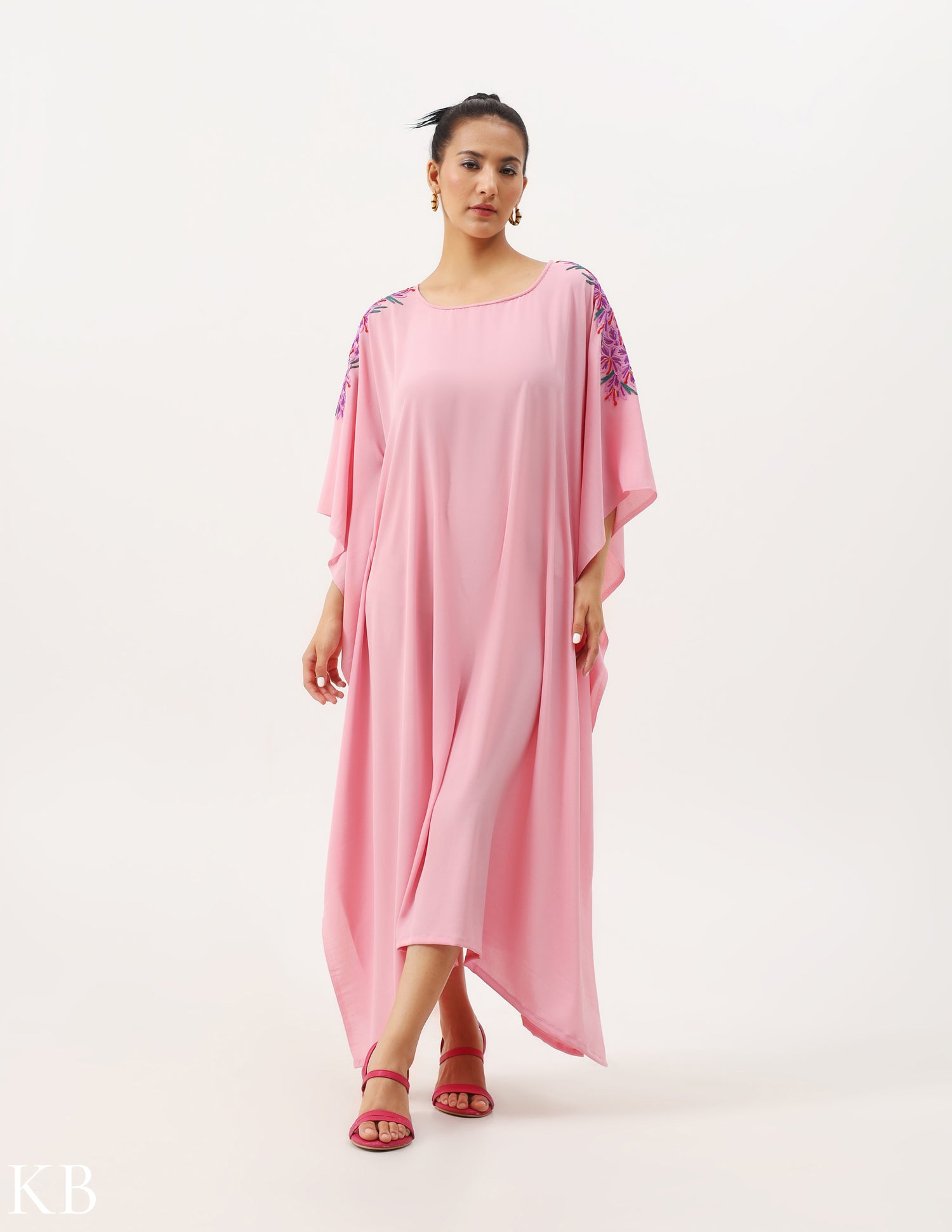 Azafran Hand Embroidered Pastel Rosy Pink Crepe Kaftan - Kashmir Box