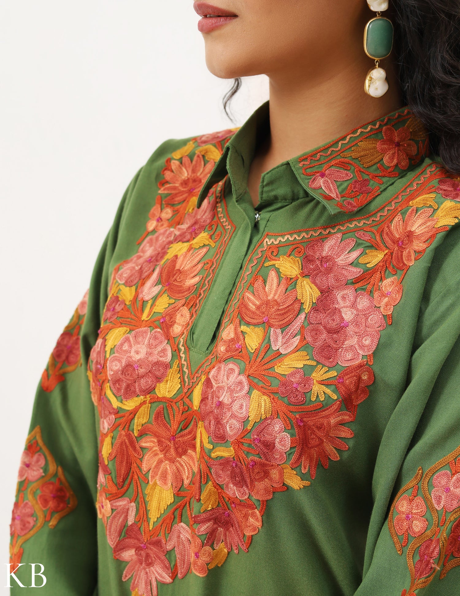 Olive Green Aari Embroidered Cotton Co-ord Set - Kashmir Box