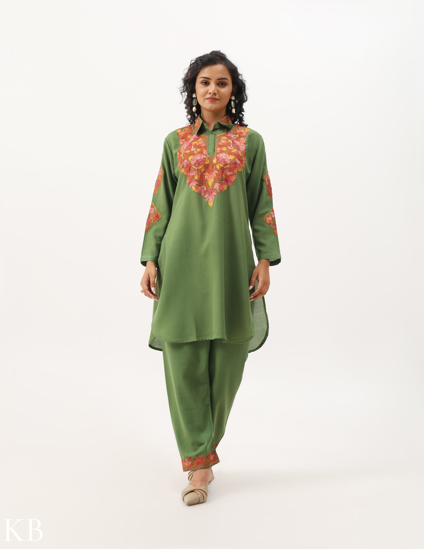 Olive Green Aari Embroidered Cotton Co-ord Set - Kashmir Box