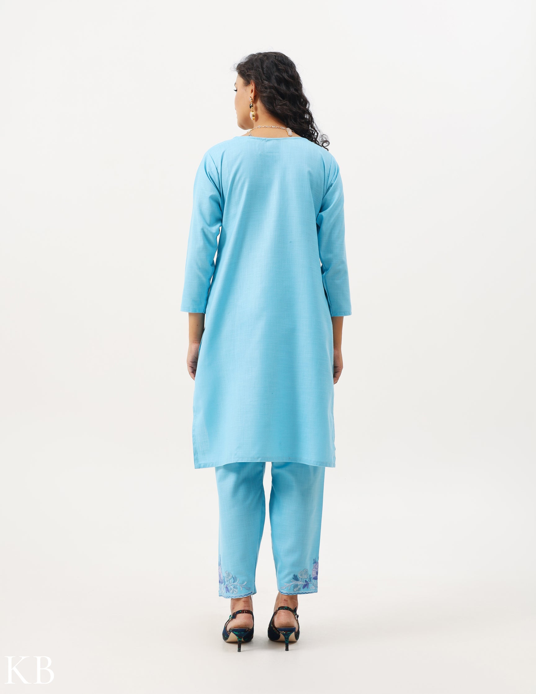 Sky Blue Cotton Embroidered Summer Suit - Kashmir Box