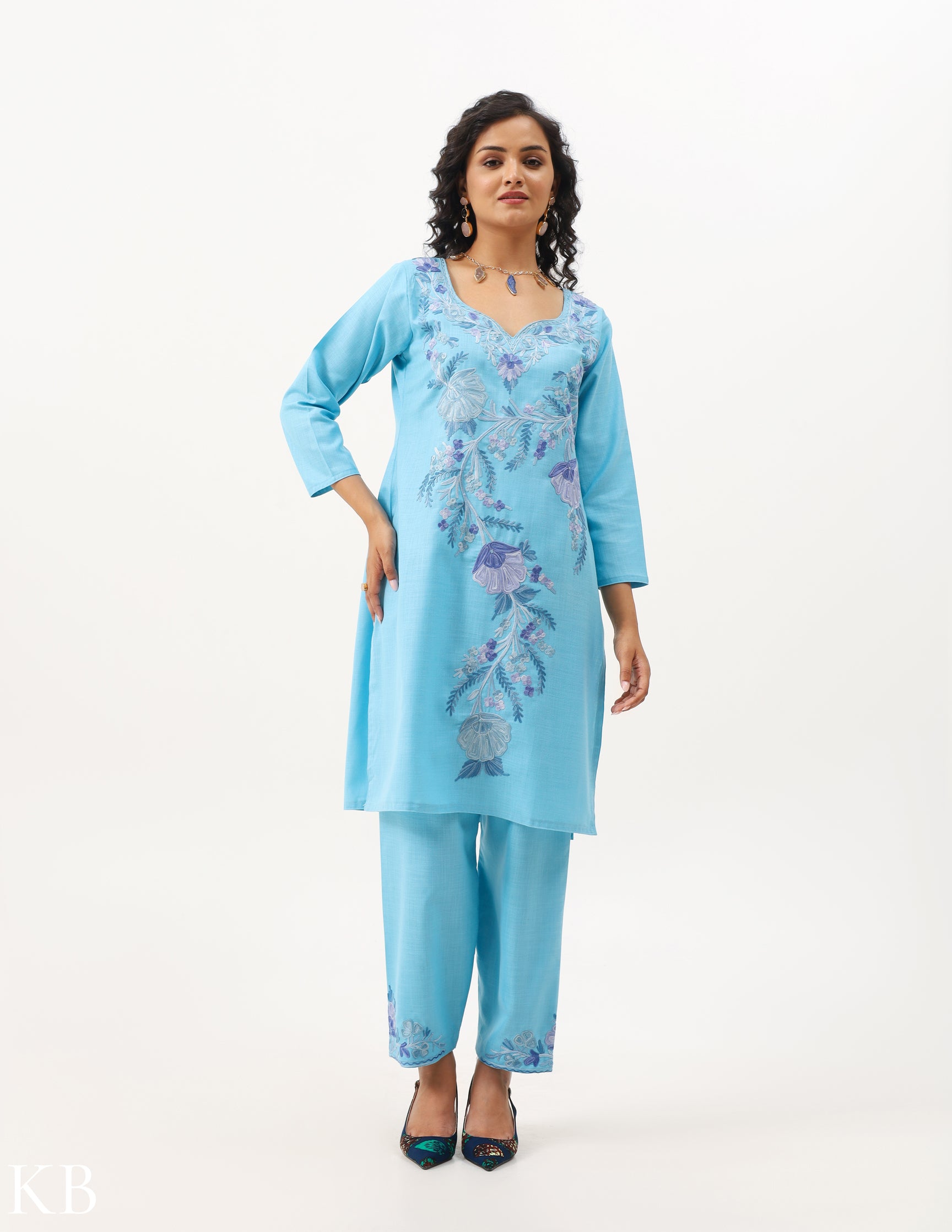 Sky Blue Cotton Embroidered Summer Suit - Kashmir Box