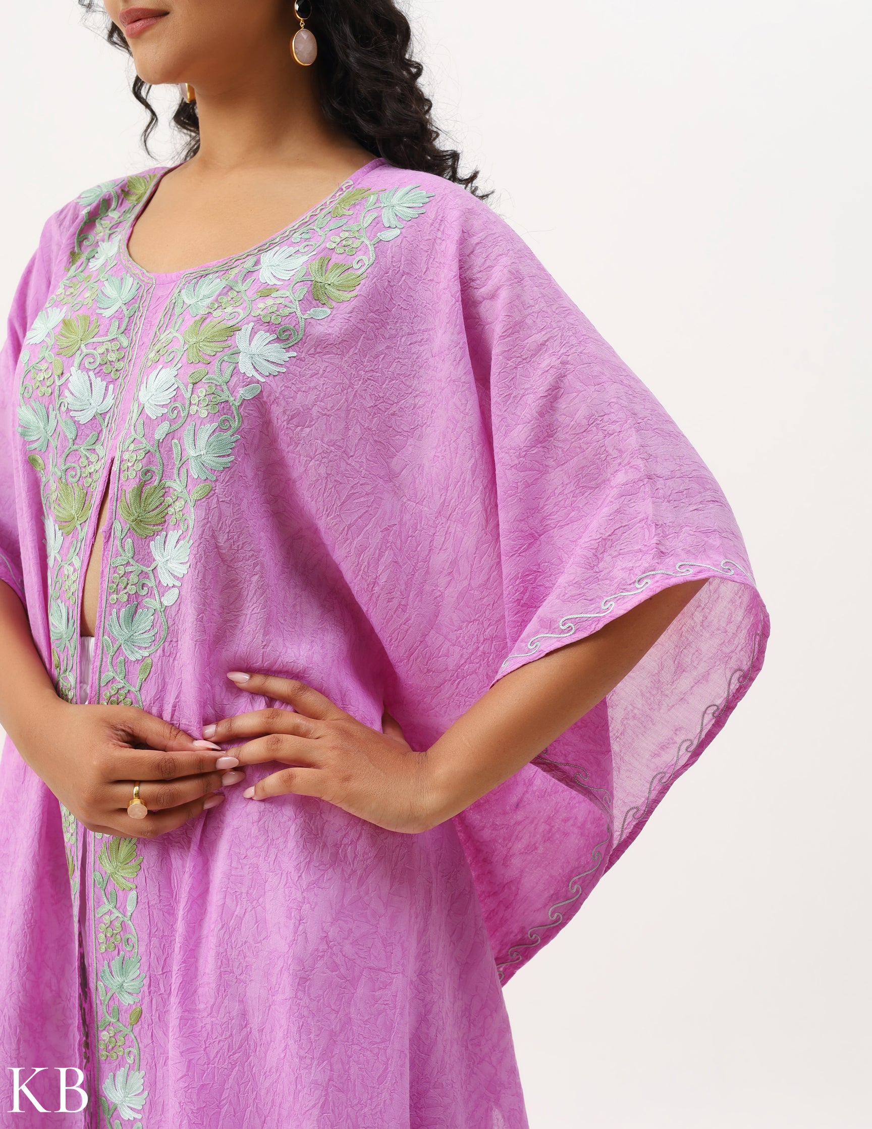 Orchid Pink Aari Embellished Cotton Kaftan - Kashmir Box