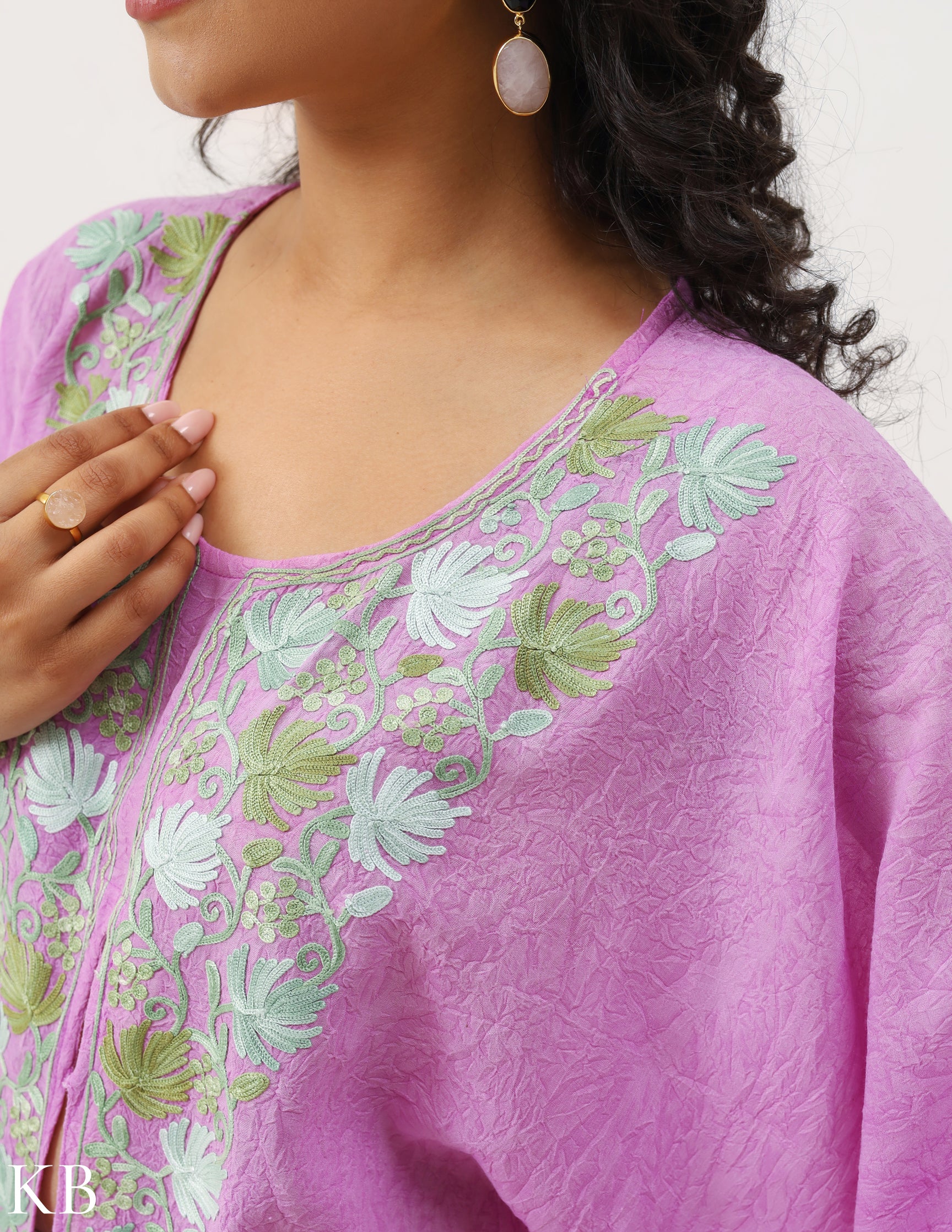 Orchid Pink Aari Embellished Cotton Kaftan - Kashmir Box