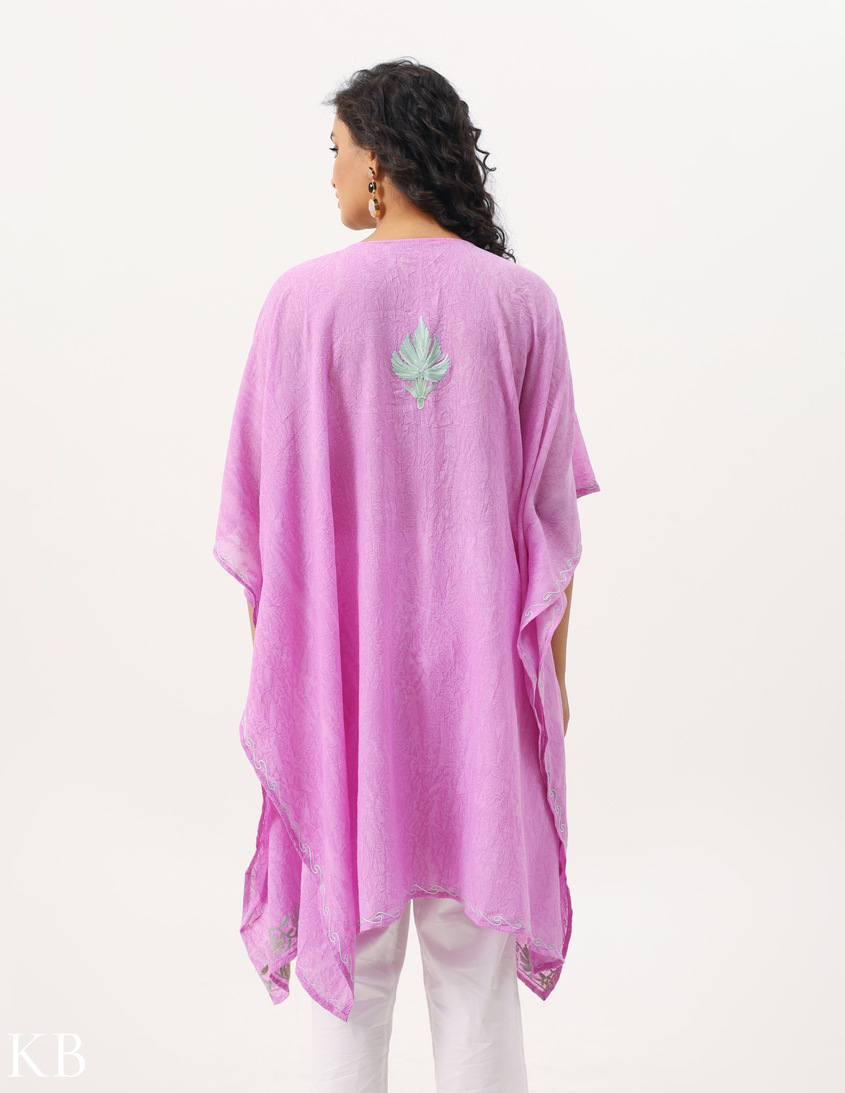 Orchid Pink Aari Embellished Cotton Kaftan - Kashmir Box