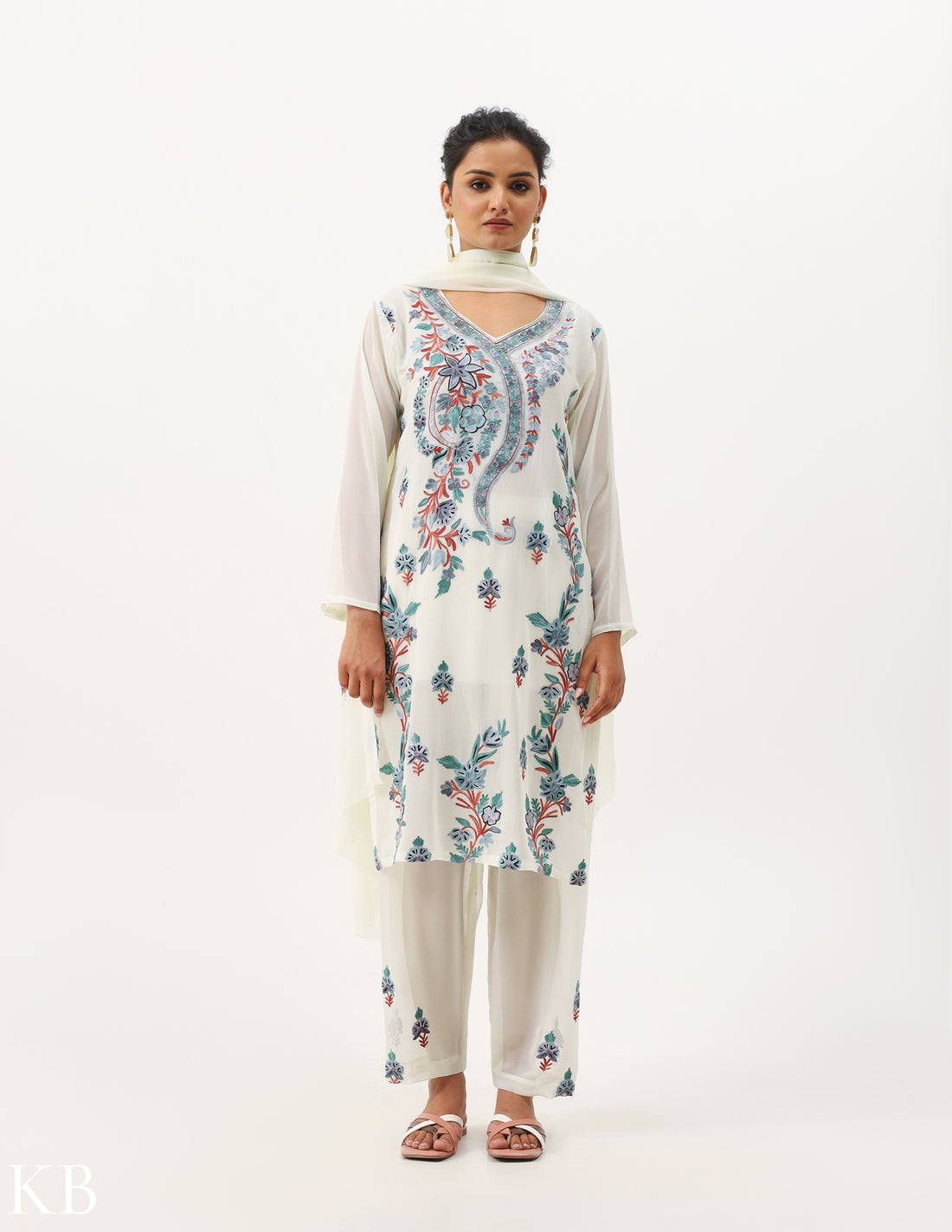 Creamy White Embroidered Three-Piece Georgette Suit - Kashmir Box