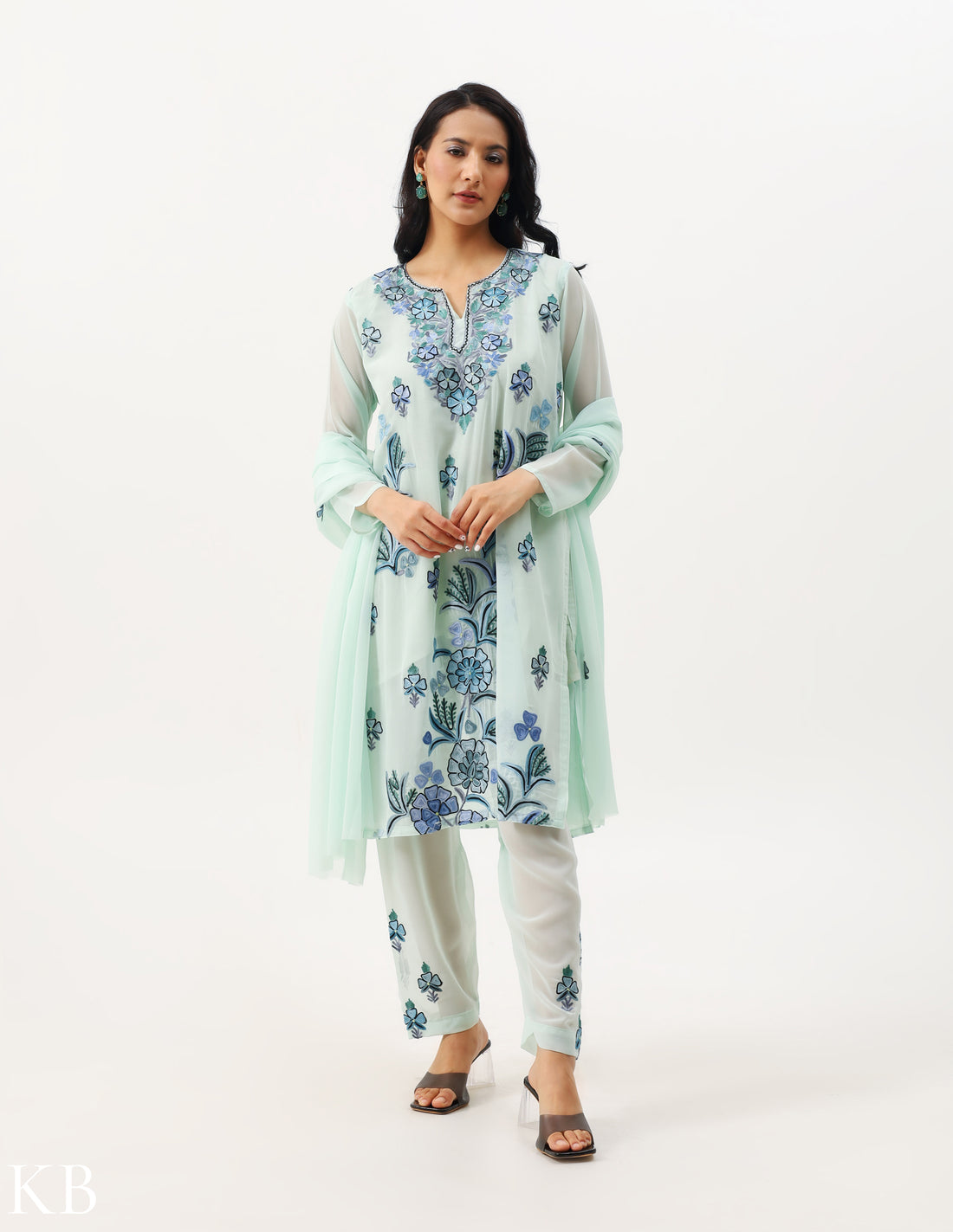 Misty Aqua-Green Three-Piece Embroidered Suit - Kashmir Box