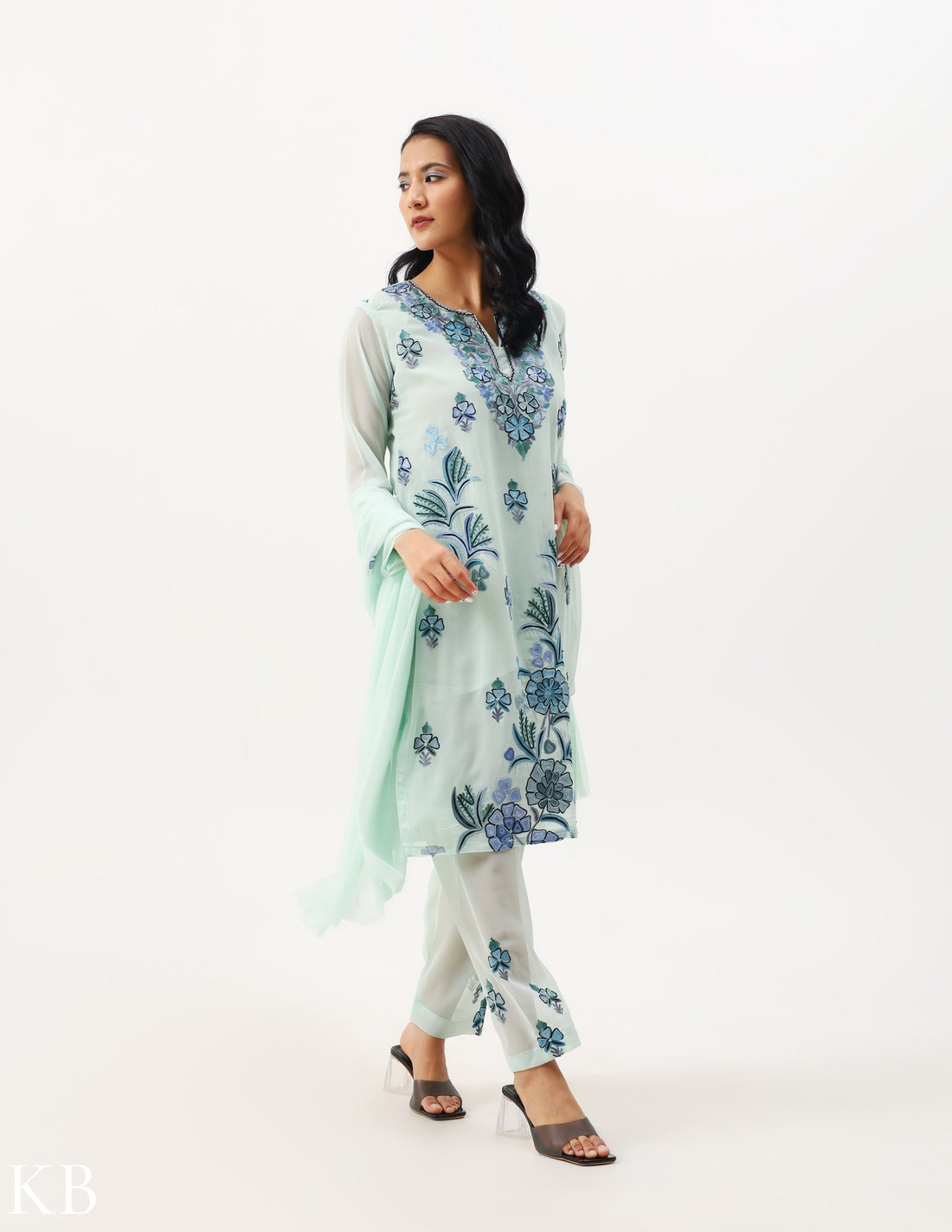 Misty Aqua-Green Three-Piece Embroidered Suit - Kashmir Box