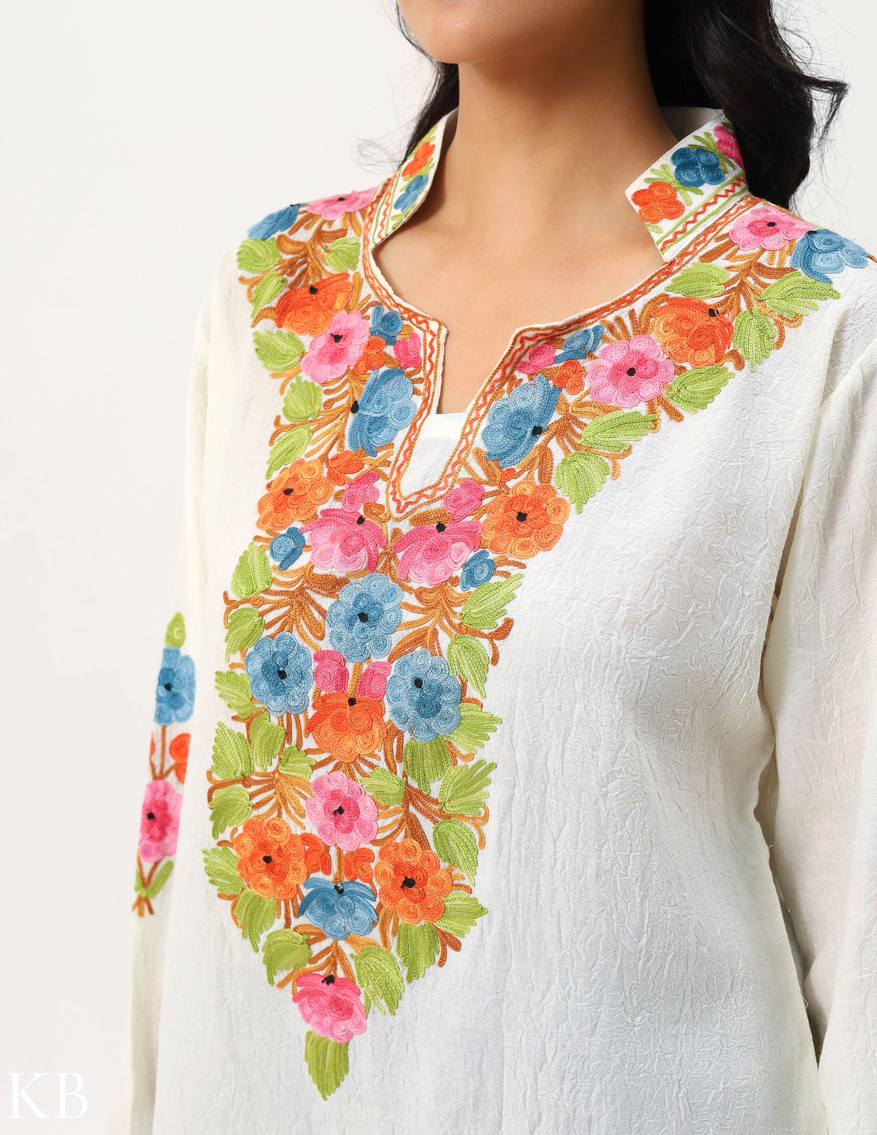 Off White Floral Aari Work Cotton Kurti KashmirBox