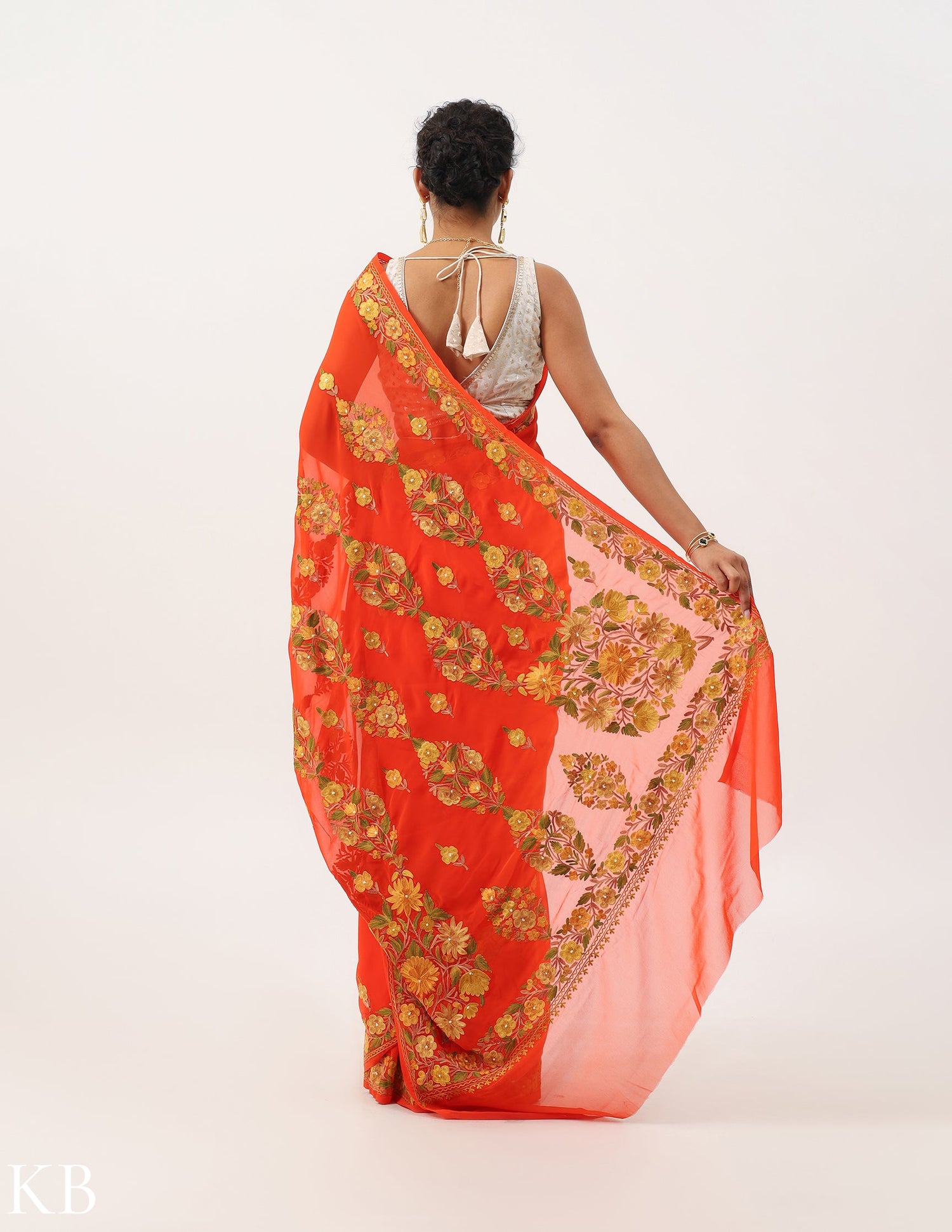 Mandarin Orange Floral Embroidered Georgette Saree