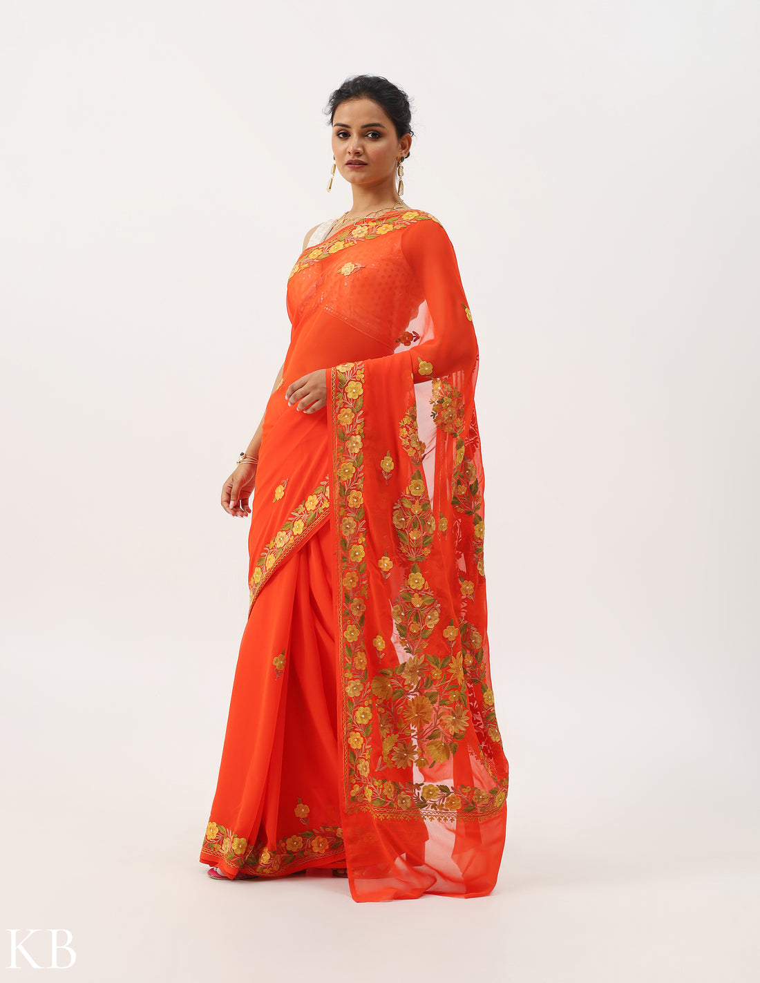 Mandarin Orange Floral Embroidered Georgette Saree - Kashmir Box