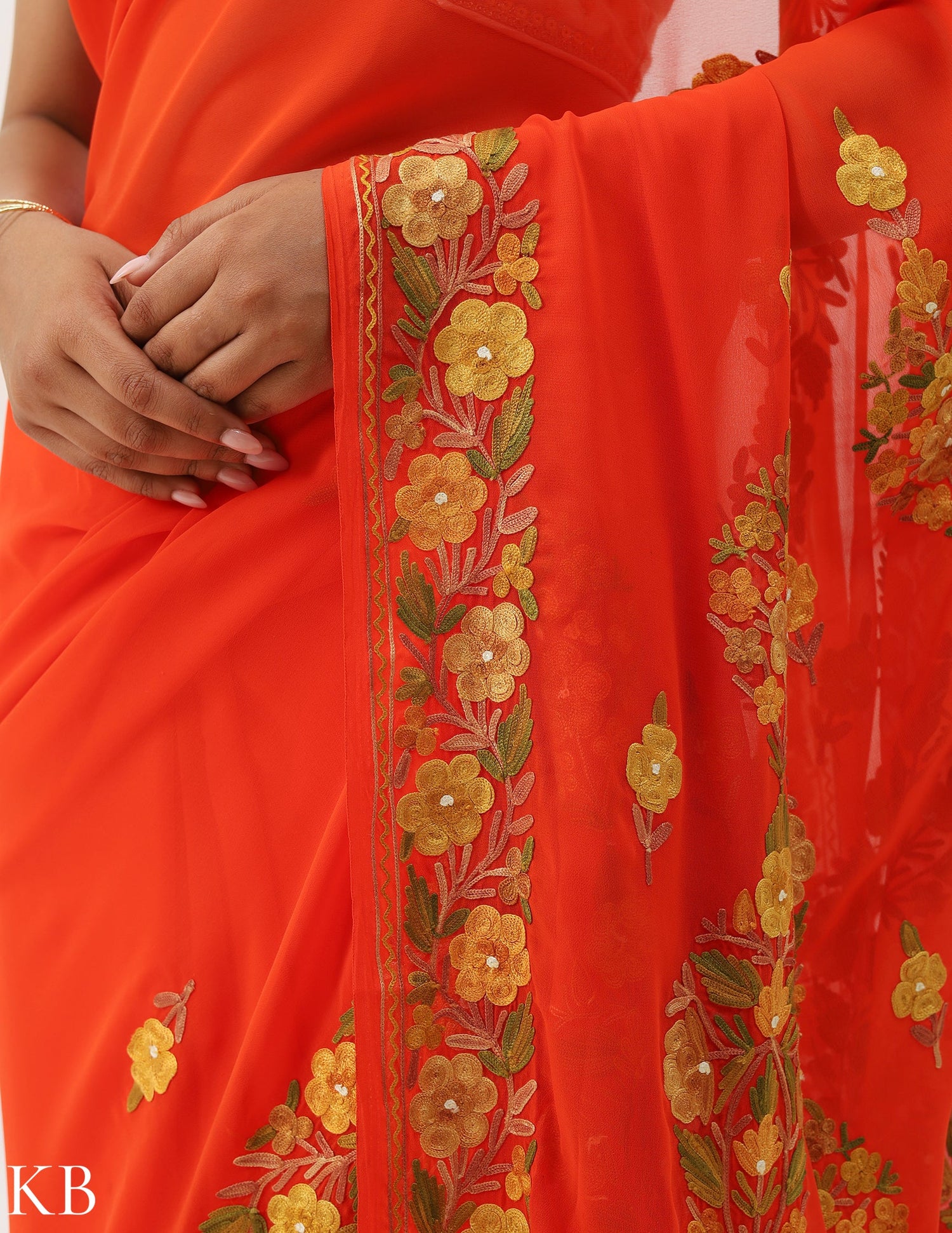 Mandarin Orange Floral Embroidered Georgette Saree