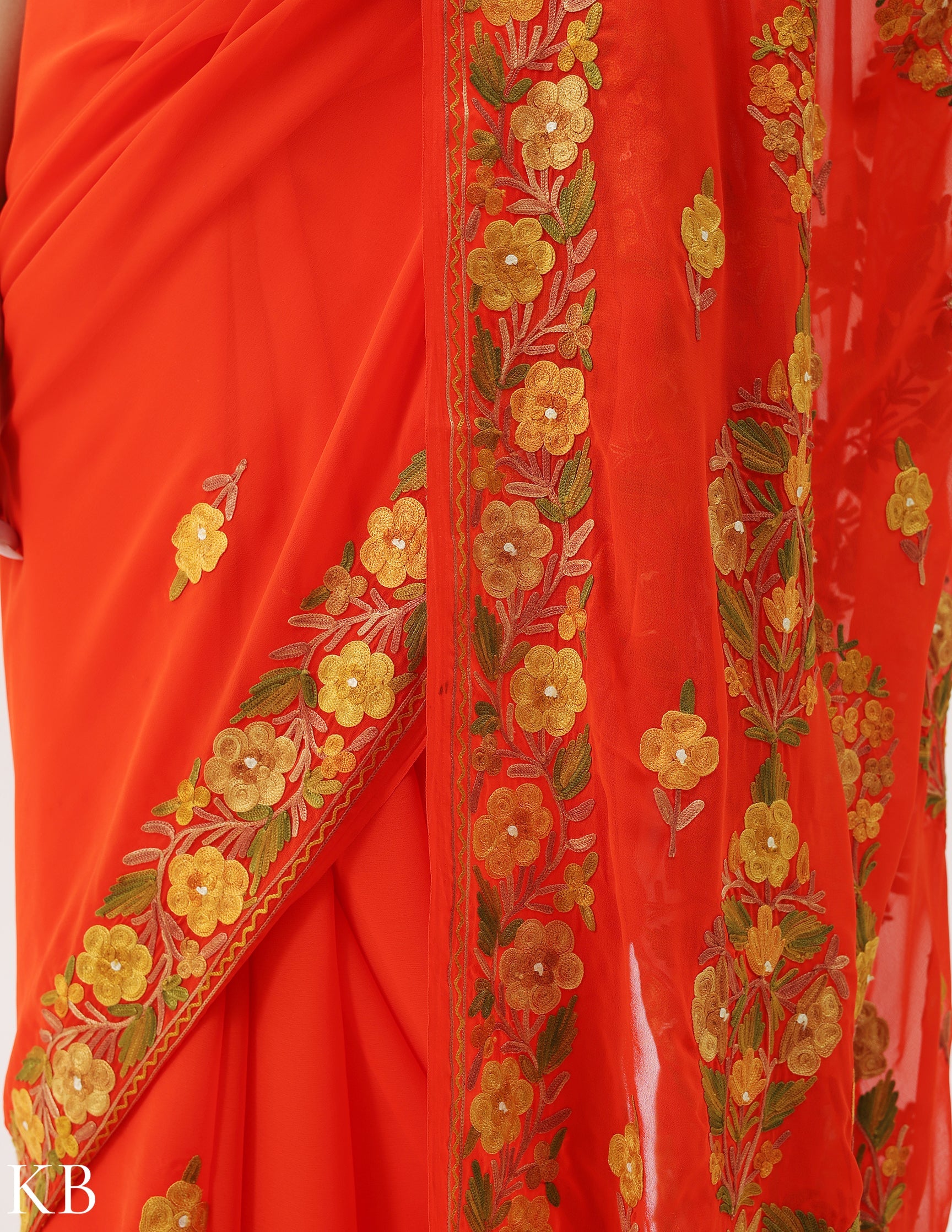 Mandarin Orange Floral Embroidered Georgette Saree