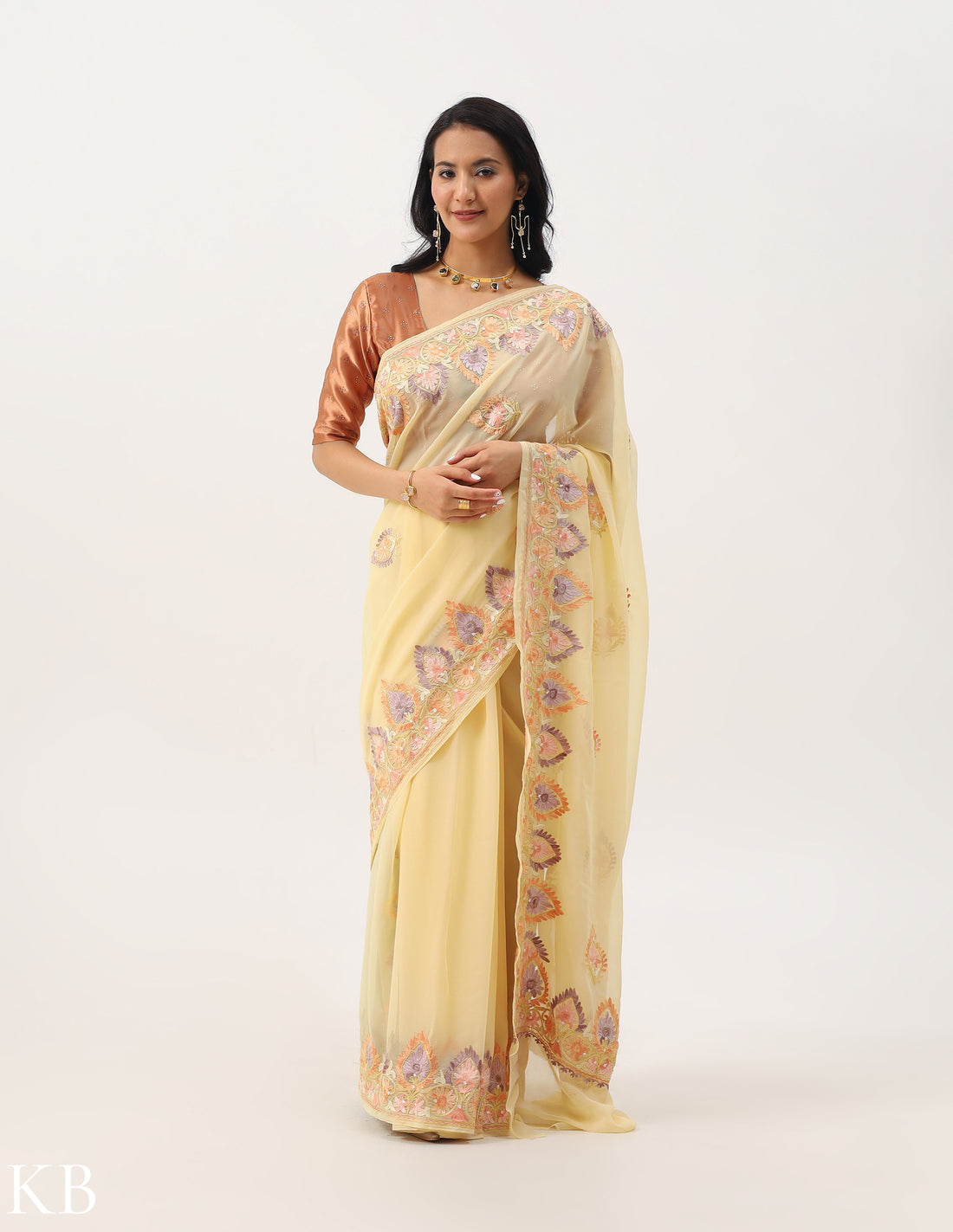 Gold Buff Georgette Saree with Aari Patterns - Kashmir Box