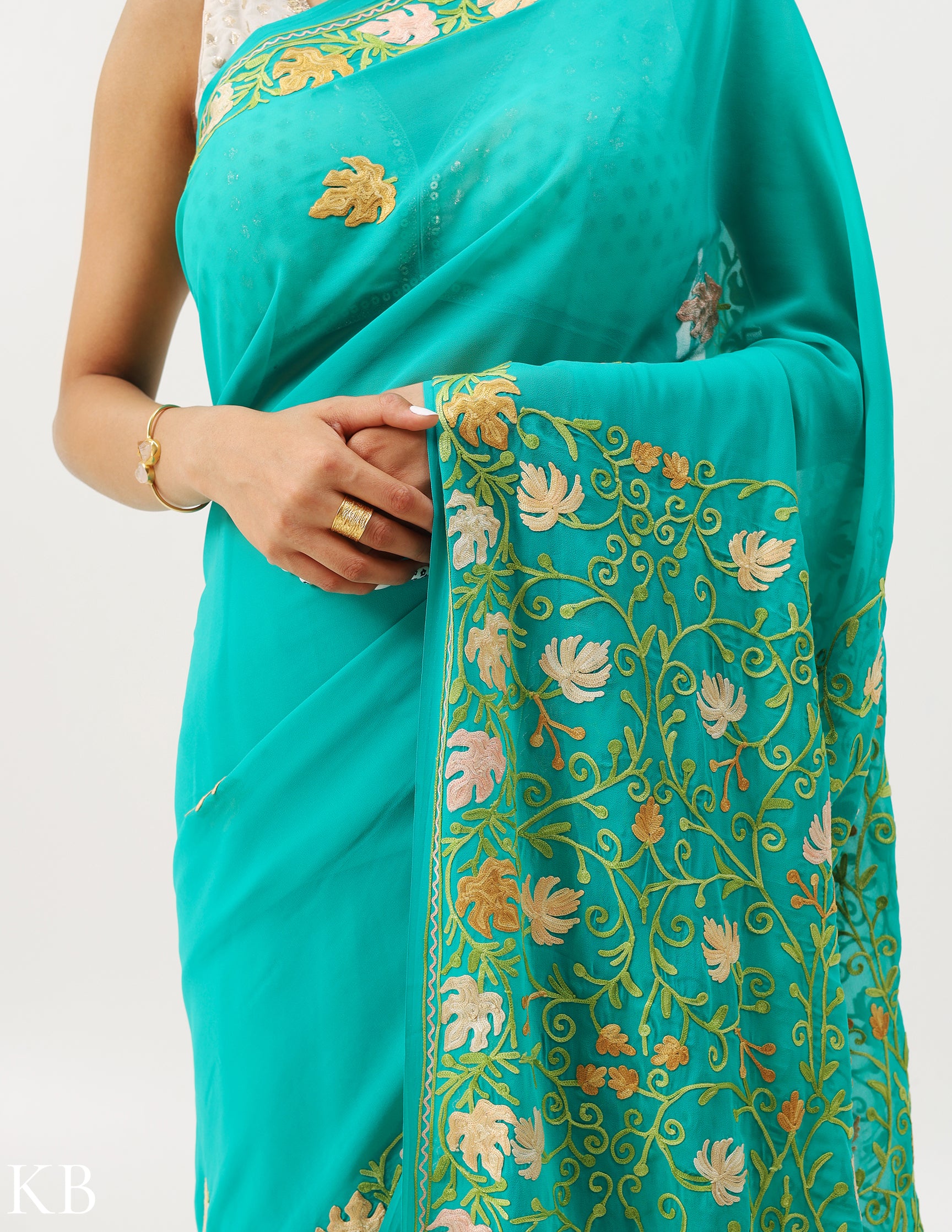 Aquamarine Green Georgette Embroidered Saree - Kashmir Box