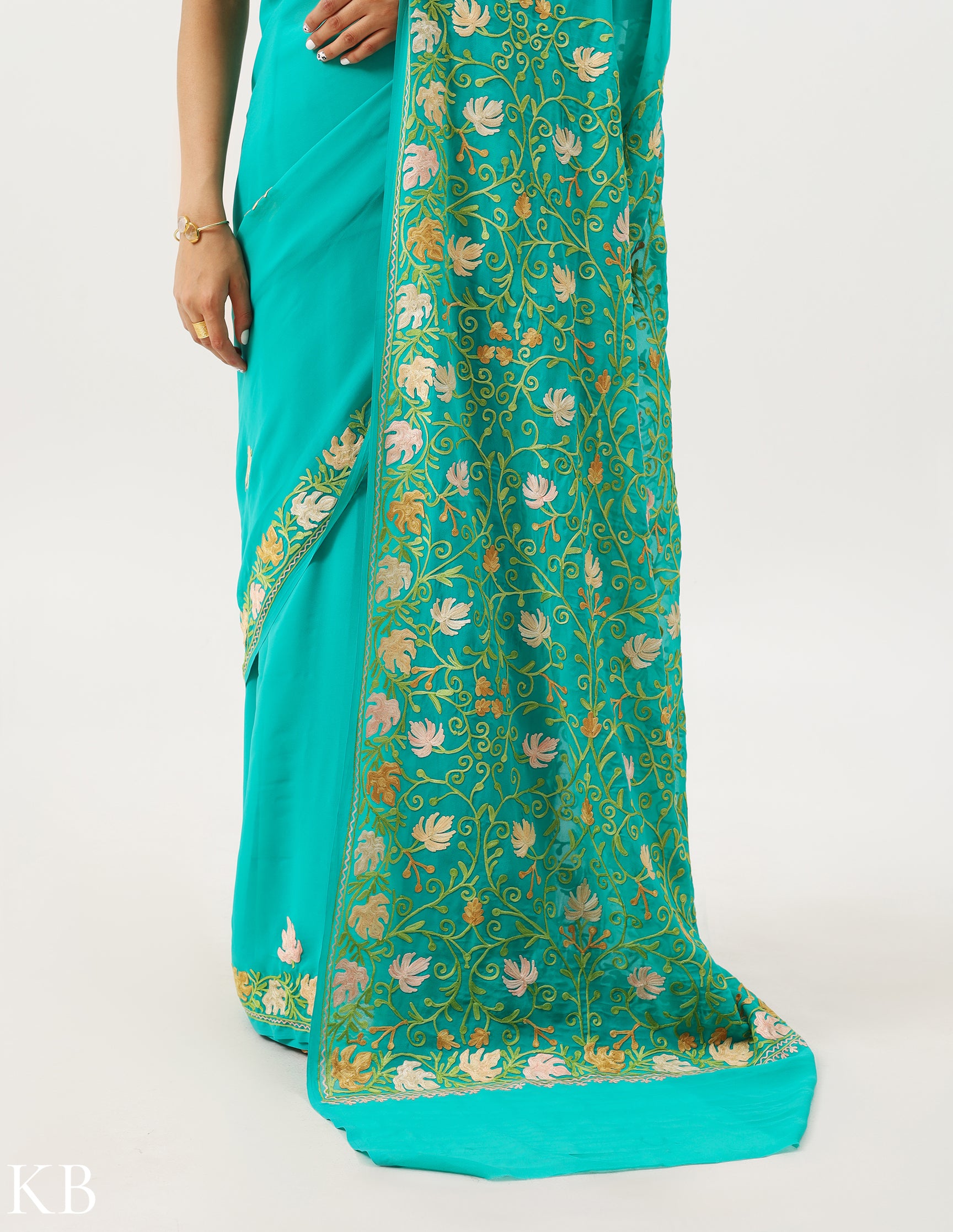 Aquamarine Green Georgette Embroidered Saree - Kashmir Box