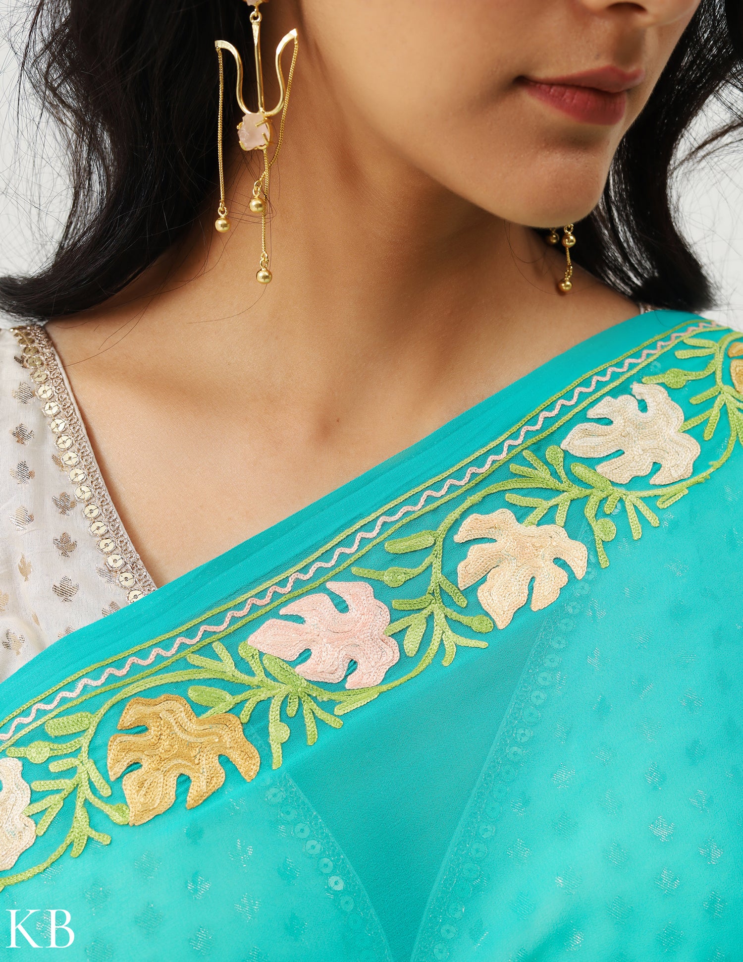 Aquamarine Green Georgette Embroidered Saree - Kashmir Box