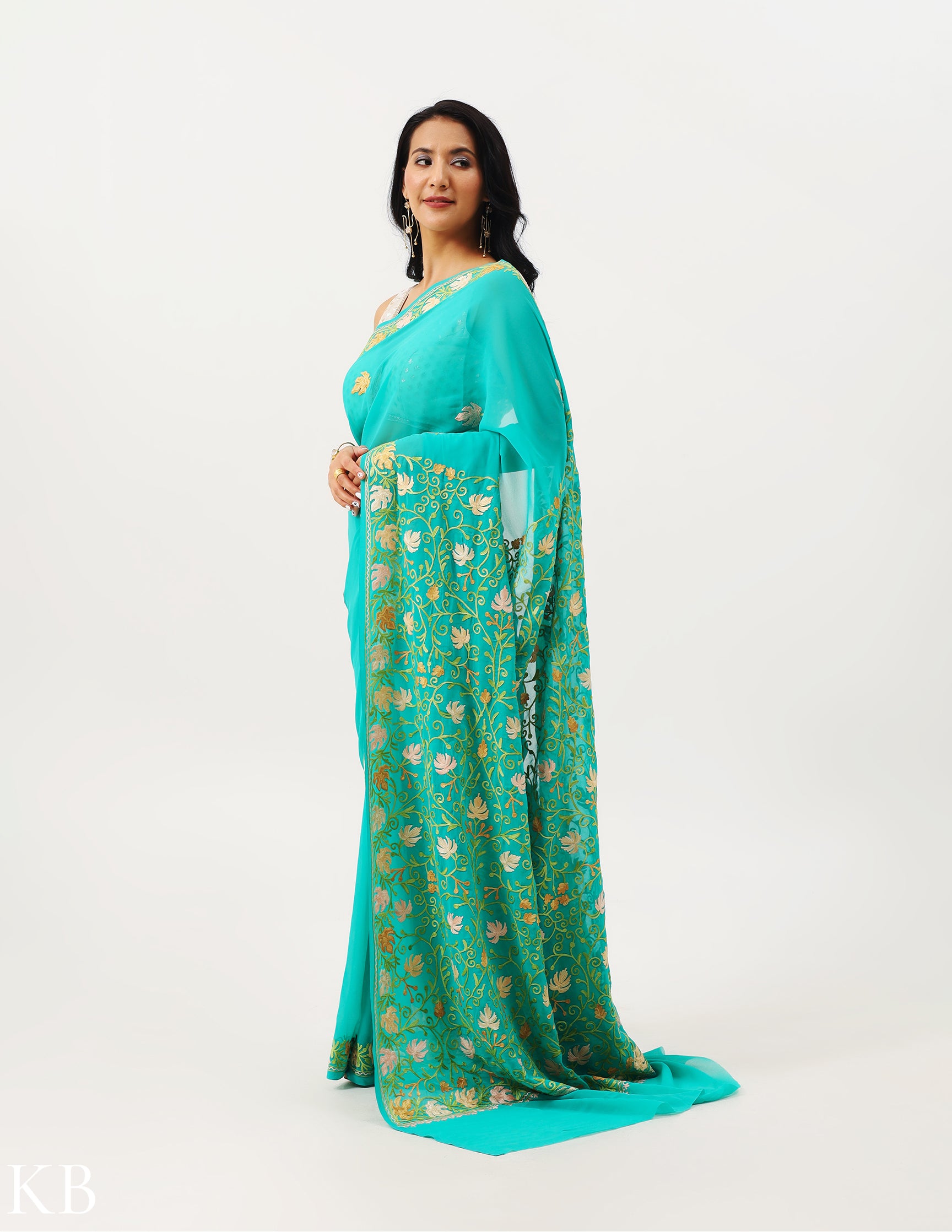 Aquamarine Green Georgette Embroidered Saree - Kashmir Box