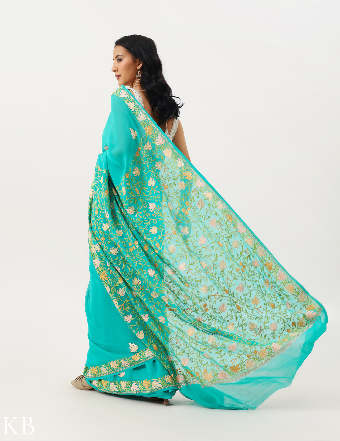 Aquamarine Green Georgette Embroidered Saree - Kashmir Box