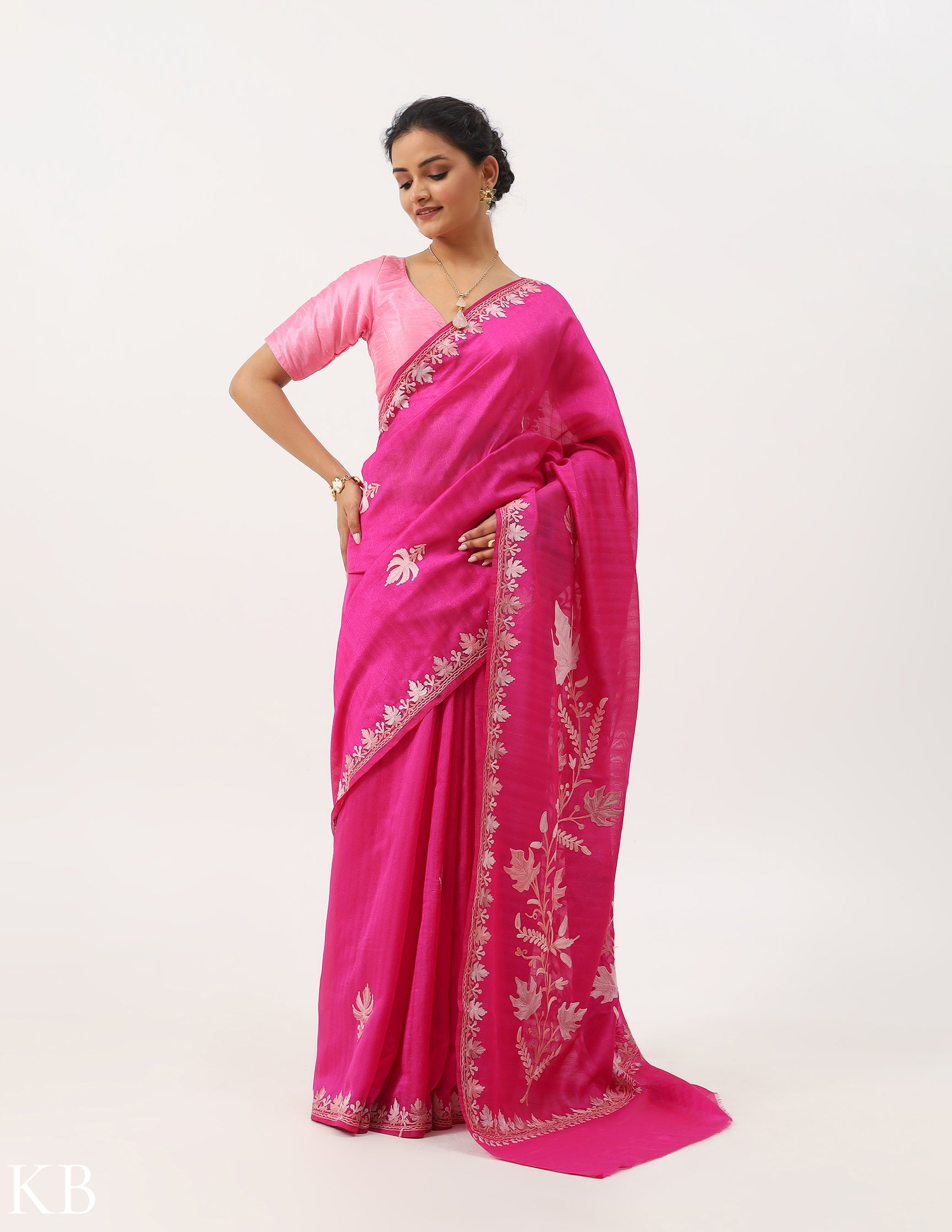 Chinar Design Kashmiri Aari Embroidery shops Saree in Pink | Sarees by Shobitam