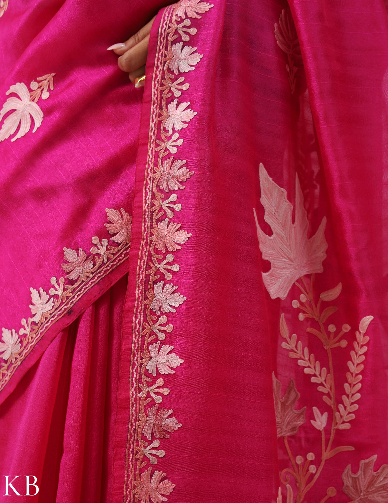 Royal Pink Chinar Aari Work Silk Saree - Kashmir Box