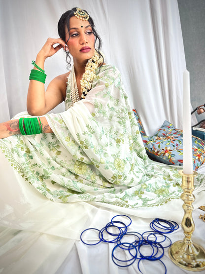 Soft Green Embroidered Off-White Georgette Saree