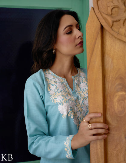 Nigeen Kashmiri Aari Sky Blue Kurti