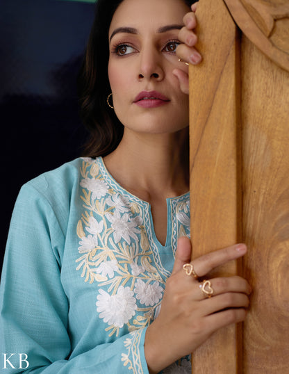 Nigeen Kashmiri Aari Sky Blue Kurti