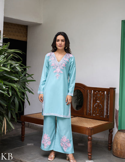 Nigeen Kashmiri Aari Sky Blue Co-ord Set