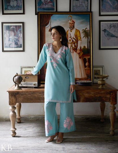 Nigeen Kashmiri Aari Sky Blue Co-ord Set