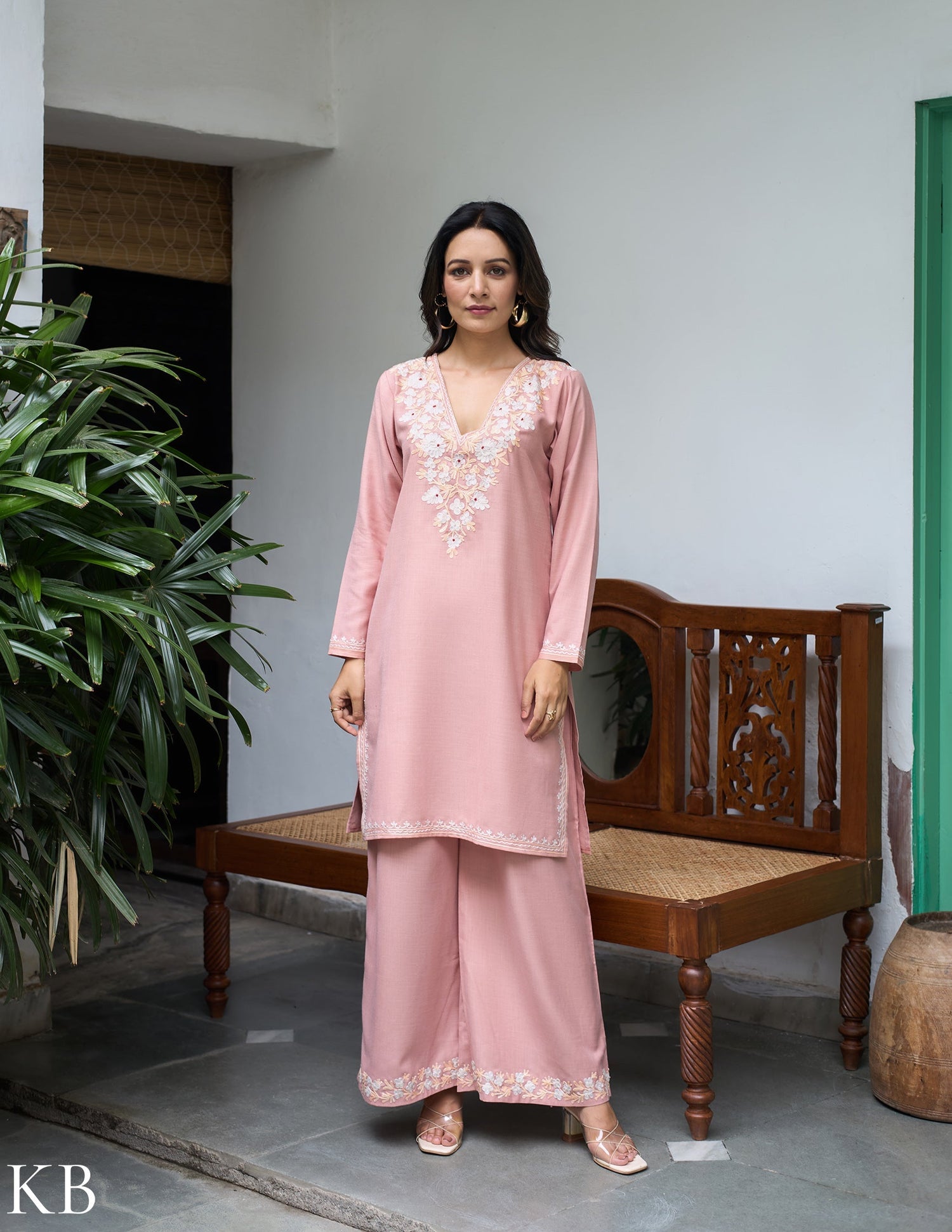 Nigeen Kashmiri Aari Dusky  Pink Co-ord Set