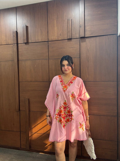 Cotton Candy Pink Embroidered Short Summer Kaftan