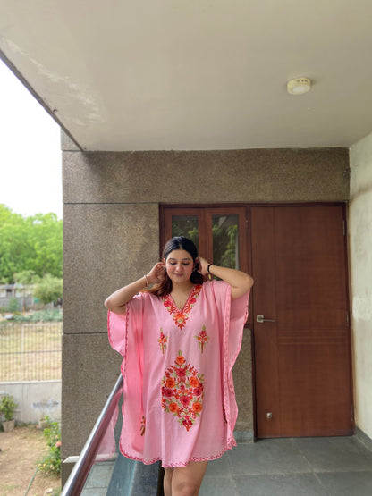 Cotton Candy Pink Embroidered Short Summer Kaftan