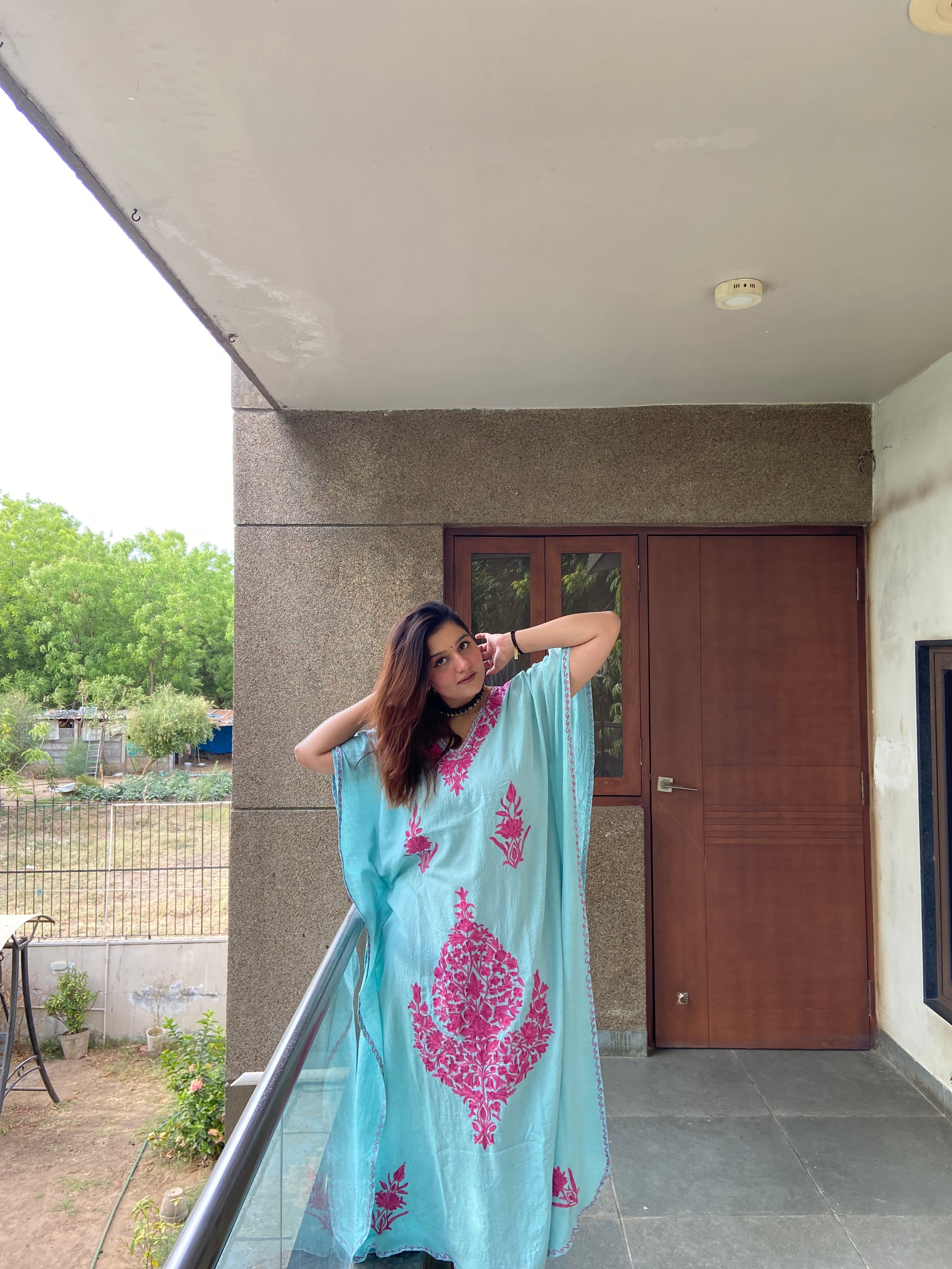 Mint Summer Cotton Kaftan with Candy Pink Aari Embroidery