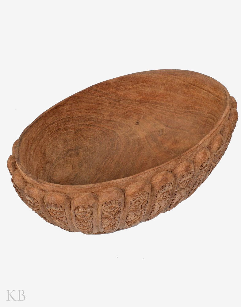 Flower Carved Walnut Wood Oval Bowl - Kashmir Box