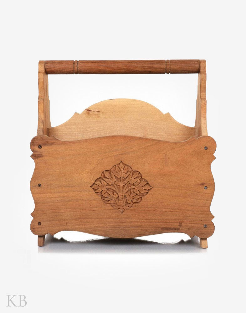 Walnut Wood Floral Engraved Magazine Holder - Kashmir Box