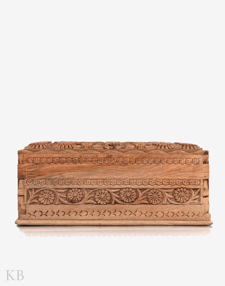 Carved Marigold Handmade Walnut Wood Jewelry Box - Kashmir Box