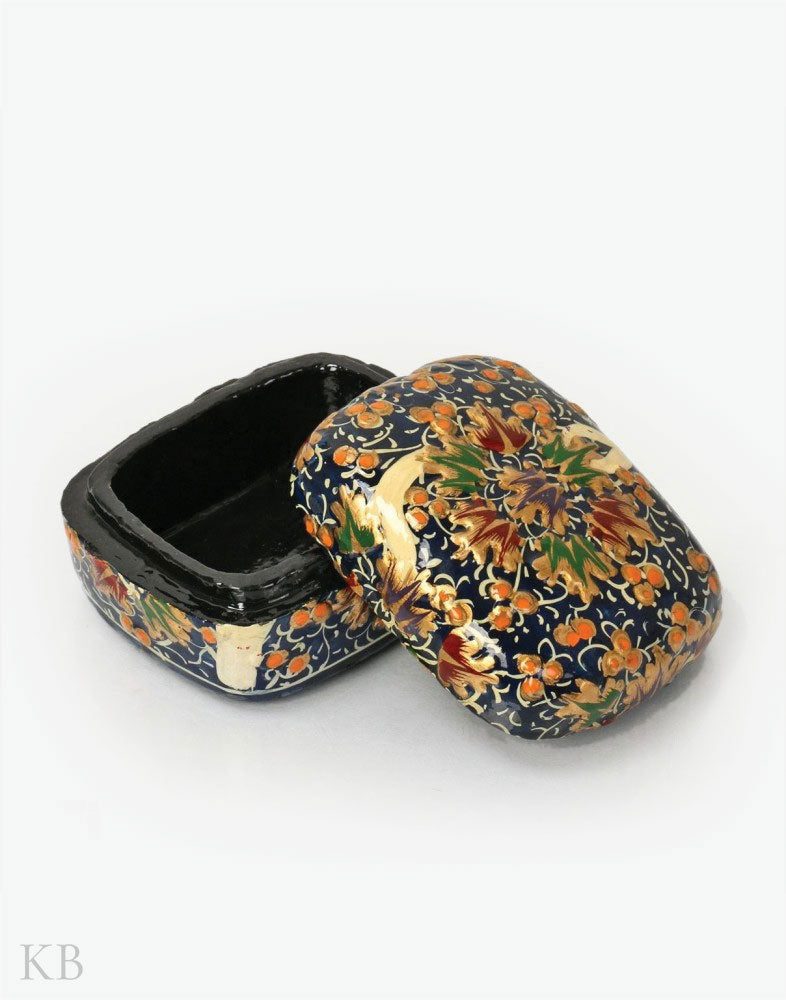 Navy Blue Golden Flower Paper Mache Trinket Box - Kashmir Box