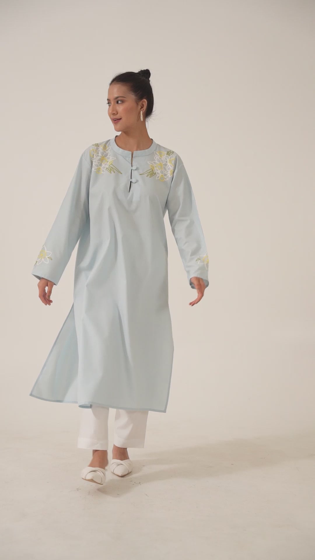 Amaryllis Hand Embroidered Straight Fit Pastel Blue Cotton Kurta Set