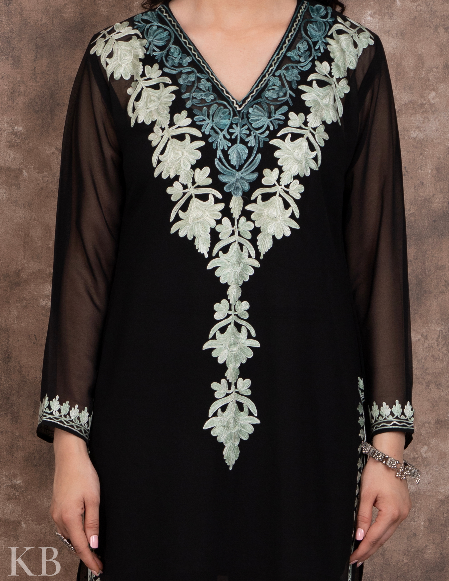 Black Lotus Vine Aari Embroidery Georgette Kurti