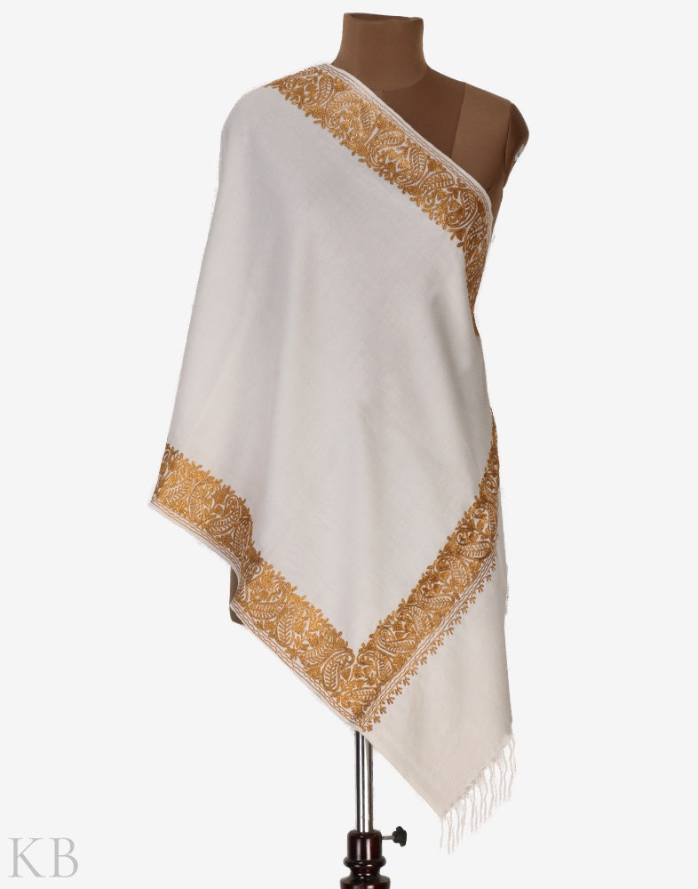 White Zari Embroidered Cashmilon Stole - KashmirBox.com