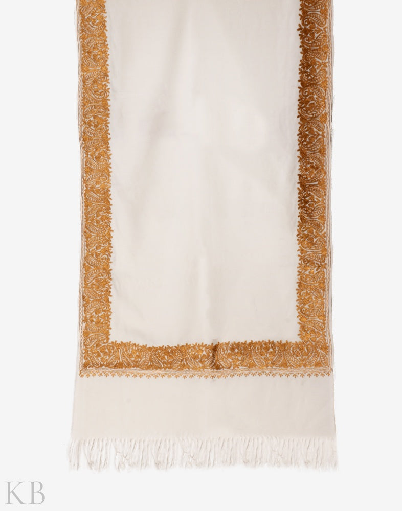 White Zari Embroidered Cashmilon Stole - KashmirBox.com