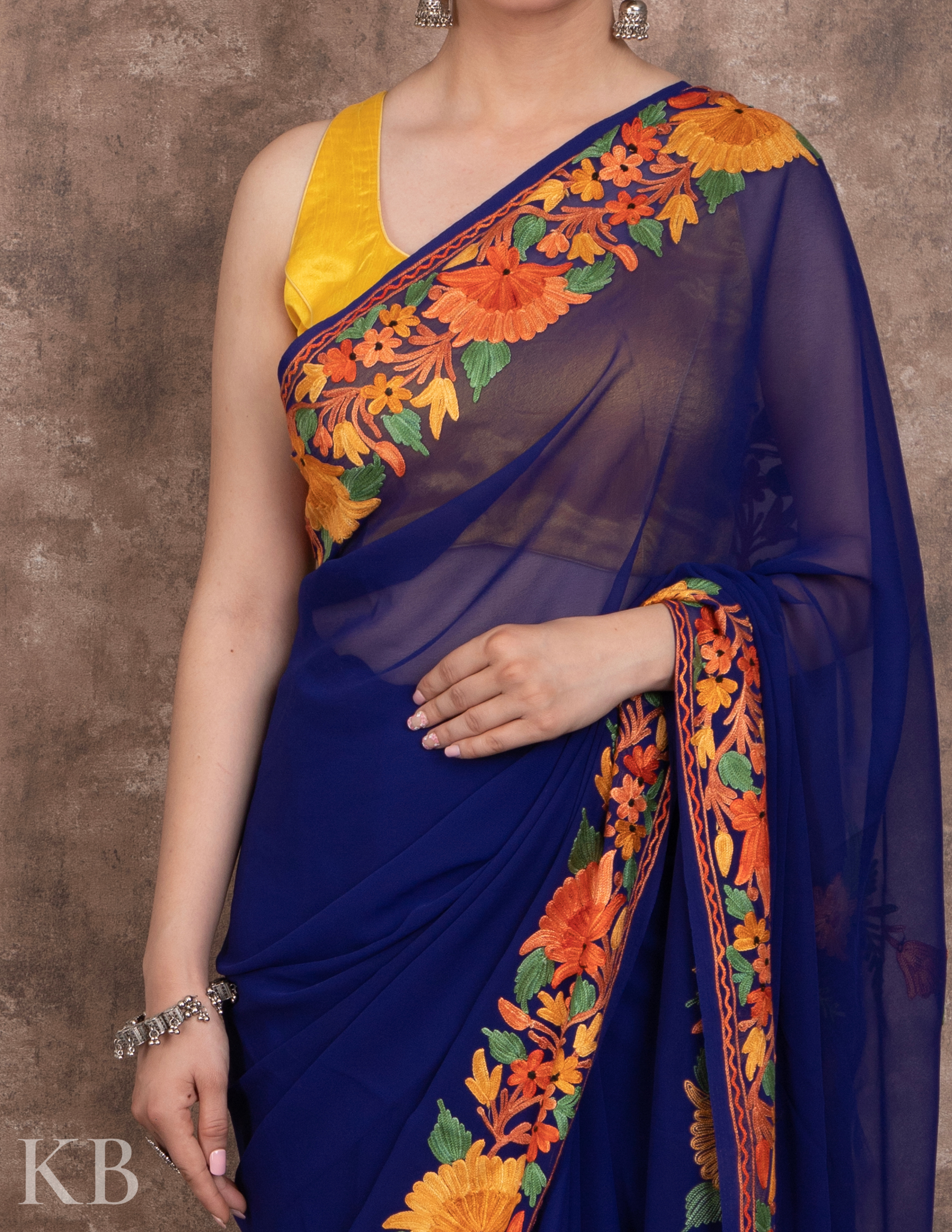 Pamposh Gul Georgette Embroidered Saree - Kashmir Box