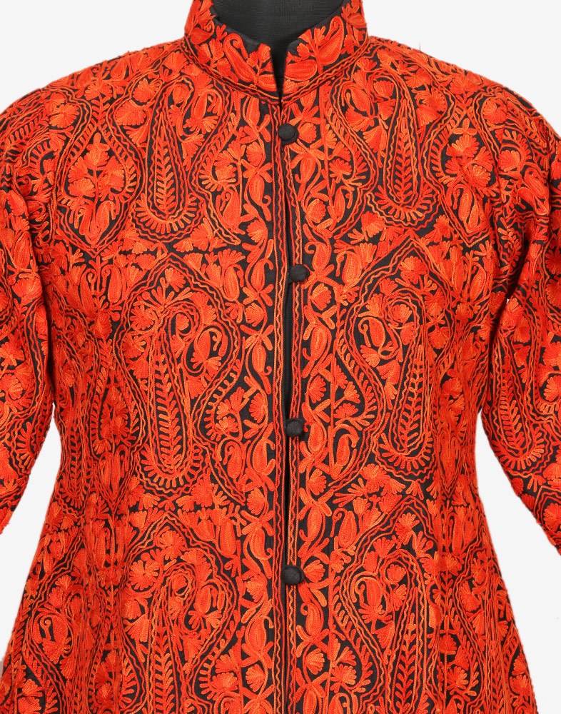 Kashmiri Black Silk Short Jacket with Detailed Paisley Aari Embroidery |  Exotic India Art